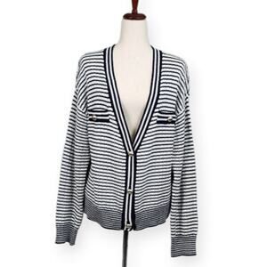 Tahari Button-Front Cardigan Tight Knit Long Sleeve Blue White Stripes Large